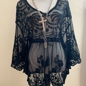 Black Sheer Lace Tunic with Necklace